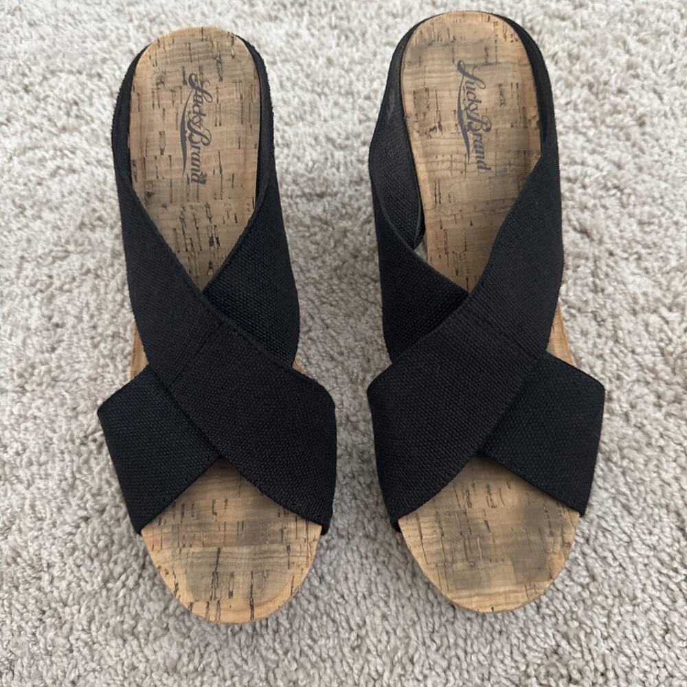 Lucky Brand Miller2 Womens Platform Wedge Sandals Sz 8.5 M Black Cork Heels